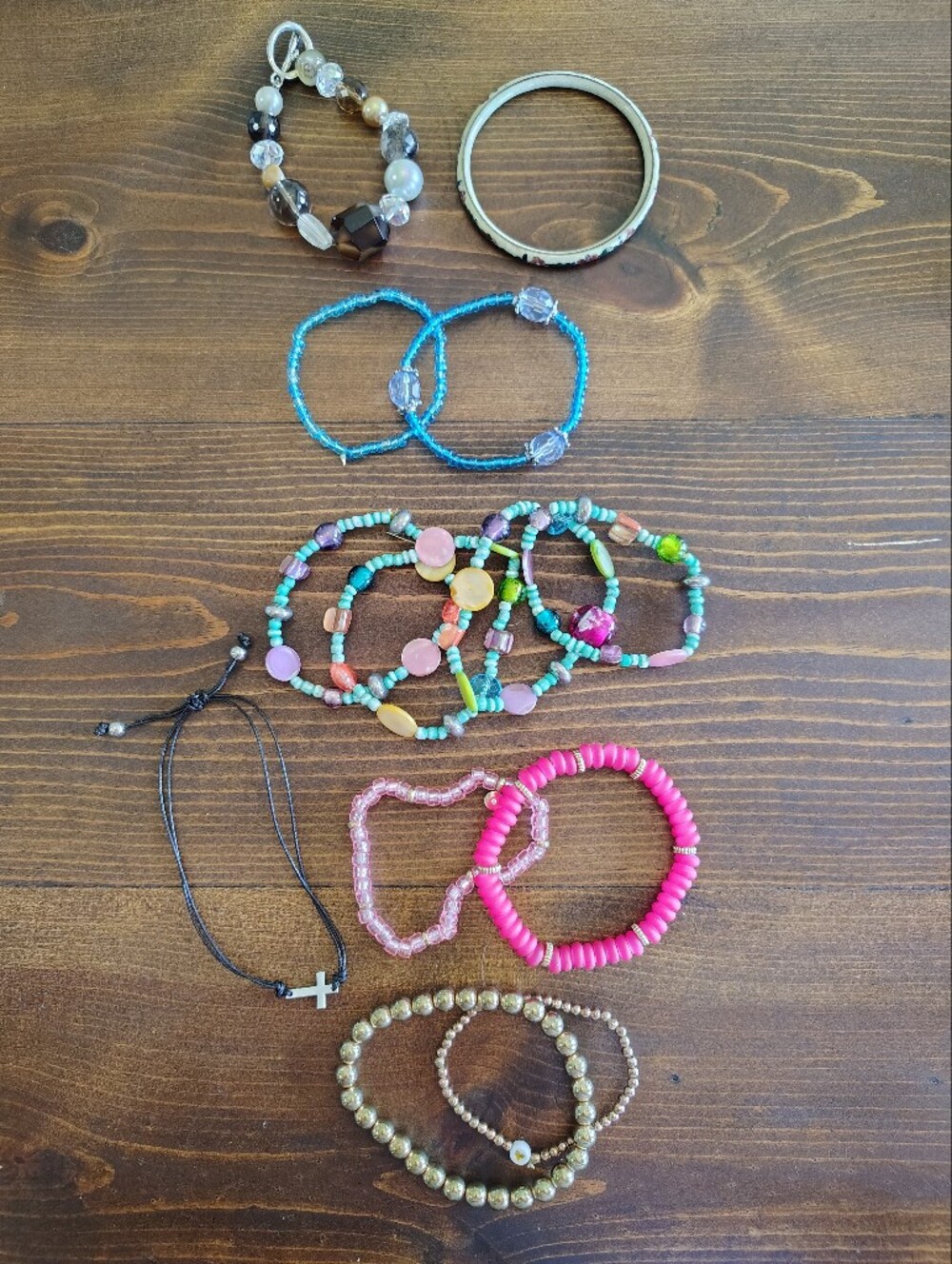 Bundle Of 13 Assorted Beaded Bracelets Set - Pink, Turquoise, Gold, Blue